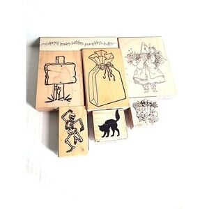 VTG Lot of 7 wooden  Rubber Stamps Halloween Fall Witch Scrapbooking Stamping